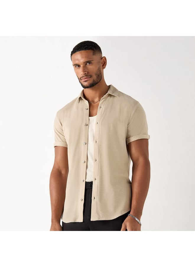 Iconic Iconic Slim Fit Textured Shirt with Short Sleeves and Button Placket  - Image 1