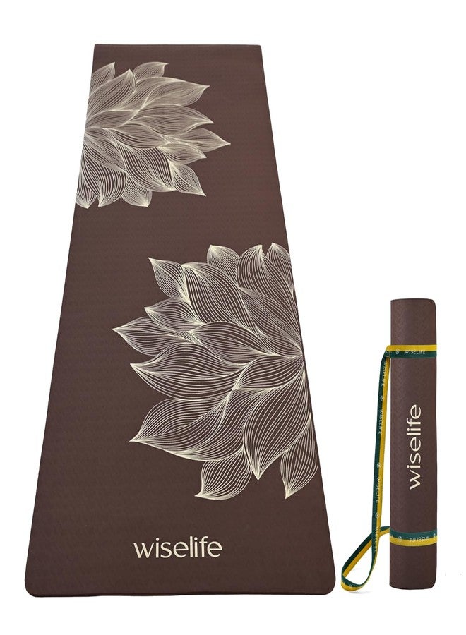 Wiselife tpe Printed 6MM Yoga Mat + Yoga Strap For Men, Women, Kids|Anti-Slip Extra thick, long & Wide Exercise Sports Mat For Workout, Fitness, Yoga, Gym, Home & Pilates (Lotus-Brown) - Image 1