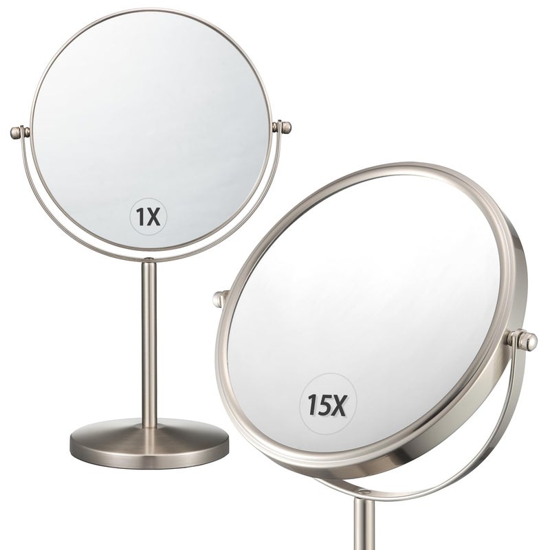 ALHAKIN 1X15X Magnifying Makeup Mirror Double Sided Mirror with Stand Tabletop Desk Mirror 360Rotation for Bathroom Nickel - Image 2