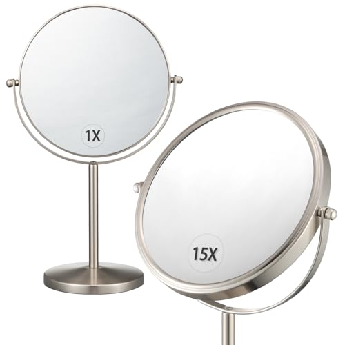 ALHAKIN 1X15X Magnifying Makeup Mirror Double Sided Mirror with Stand Tabletop Desk Mirror 360Rotation for Bathroom Nickel - Image 1
