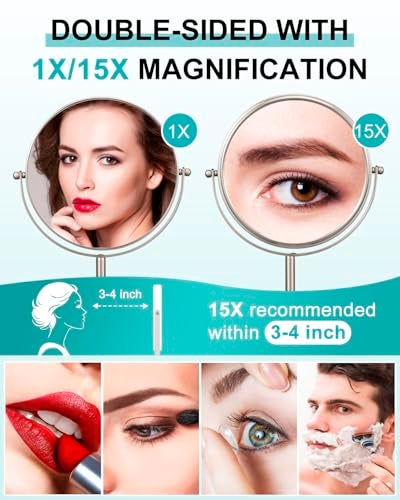 ALHAKIN 1X15X Magnifying Makeup Mirror Double Sided Mirror with Stand Tabletop Desk Mirror 360Rotation for Bathroom Nickel - Image 3