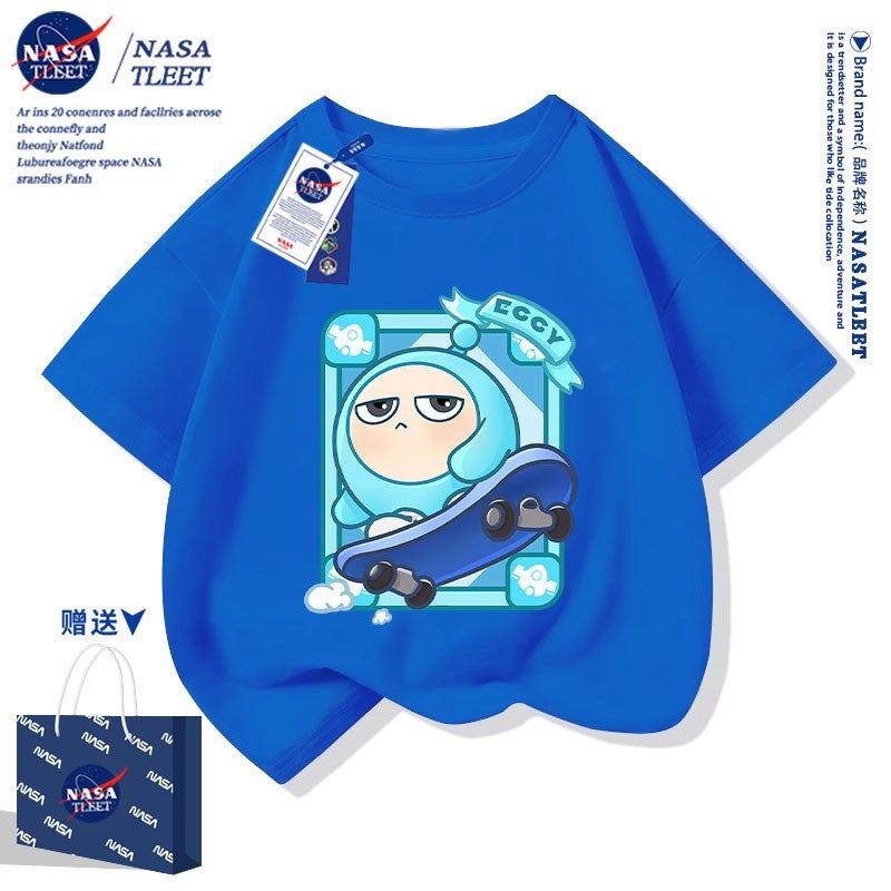 Nasa Joint New Boys And Girls All-Match Short-Sleeved Summer Cartoon Game Egg Party Egg Blue Cotton T-Shirt - Image 2