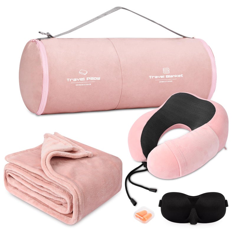 urnexttour Travel Pillow and Blanket Set Neck Pillows Travel Essentials with Sleep Mask for Airplane Car Memory Foam Pink - Image 1