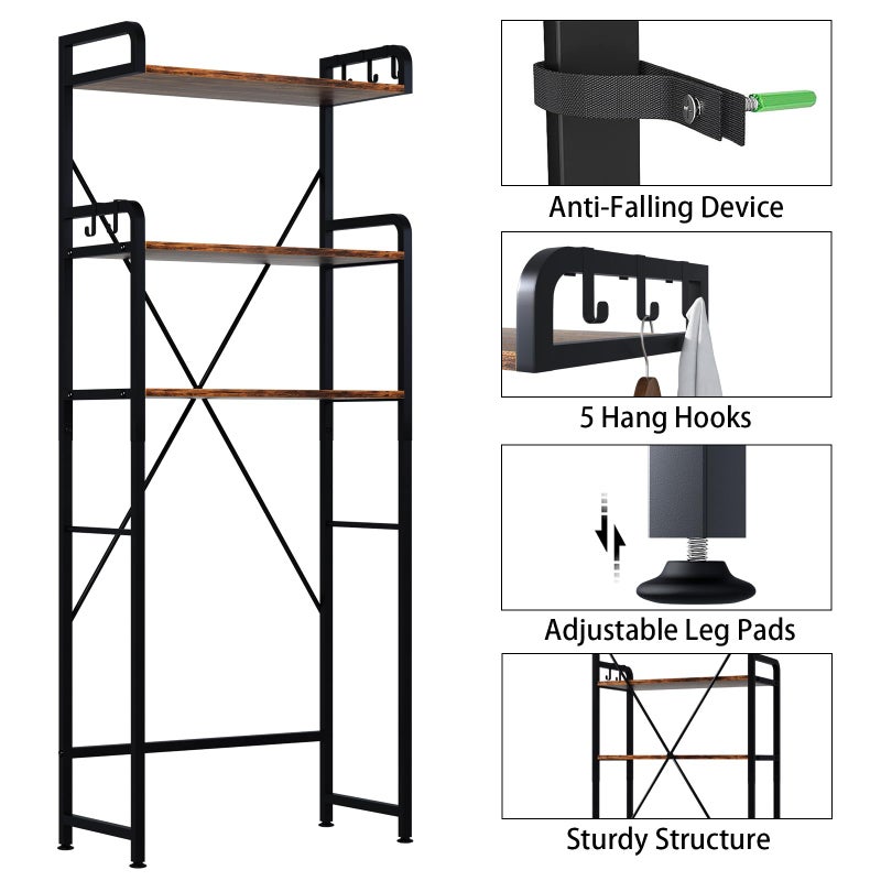 Huhote Over The Toilet Storage Rack with 3-Tier Bathroom Shelves, Space Saver Toilet Shelf, Bathroom Storage Organizer with Hooks for Over Toilet Storage and Shelf (Rustic Brown) - Image 2
