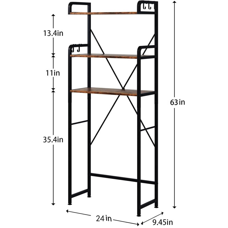 Huhote Over The Toilet Storage Rack with 3-Tier Bathroom Shelves, Space Saver Toilet Shelf, Bathroom Storage Organizer with Hooks for Over Toilet Storage and Shelf (Rustic Brown) - Image 4