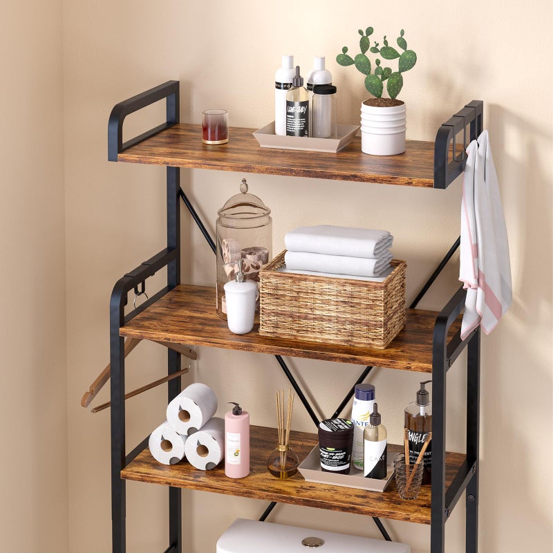 Huhote Over The Toilet Storage Rack with 3-Tier Bathroom Shelves, Space Saver Toilet Shelf, Bathroom Storage Organizer with Hooks for Over Toilet Storage and Shelf (Rustic Brown) - Image 5