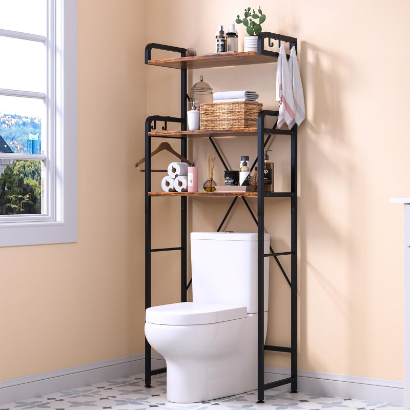 Huhote Over The Toilet Storage Rack with 3-Tier Bathroom Shelves, Space Saver Toilet Shelf, Bathroom Storage Organizer with Hooks for Over Toilet Storage and Shelf (Rustic Brown) - Image 1