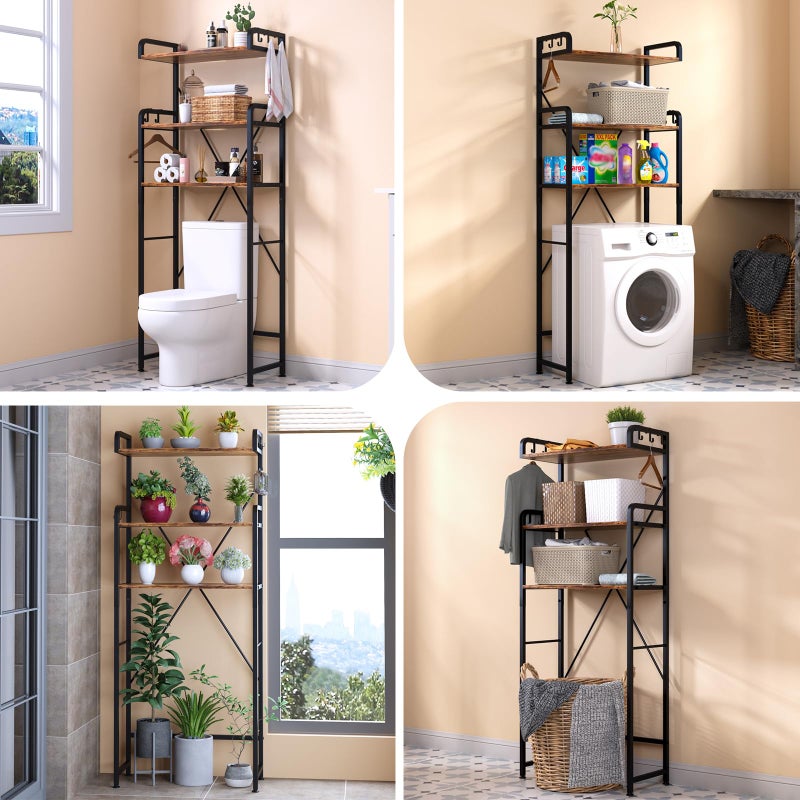 Huhote Over The Toilet Storage Rack with 3-Tier Bathroom Shelves, Space Saver Toilet Shelf, Bathroom Storage Organizer with Hooks for Over Toilet Storage and Shelf (Rustic Brown) - Image 3