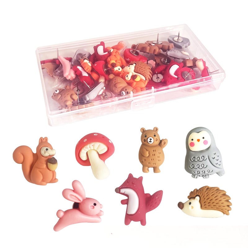 Supfoxer Animal Push Pins (Squirrel,Fox,Hedgehog,Rabbit,Bear,Owl,Mushroom) - Cute Resin Thumb Tacks for Bulletin Board, Cork Board, Office, School - 7 Styles Mixed Pack (30 PCS) - Image 1