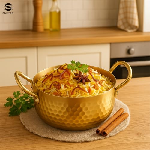 Snevad Pure Heavy Hammered Kadhai/Frying Pan with Handle Kadai Wok Pan for Cooking Serving Pot and Frying Cookware (2.5 Litter) Naturally Non-Stick Brass Serving Kadhai Golden - Image 4