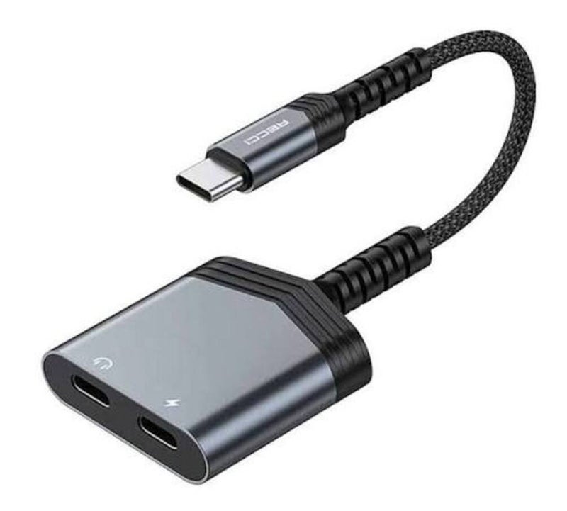 Recci Dual Type-C Smart Charging and Audio Adapter with 60W Charging Power and Headphone Jack - Image 1