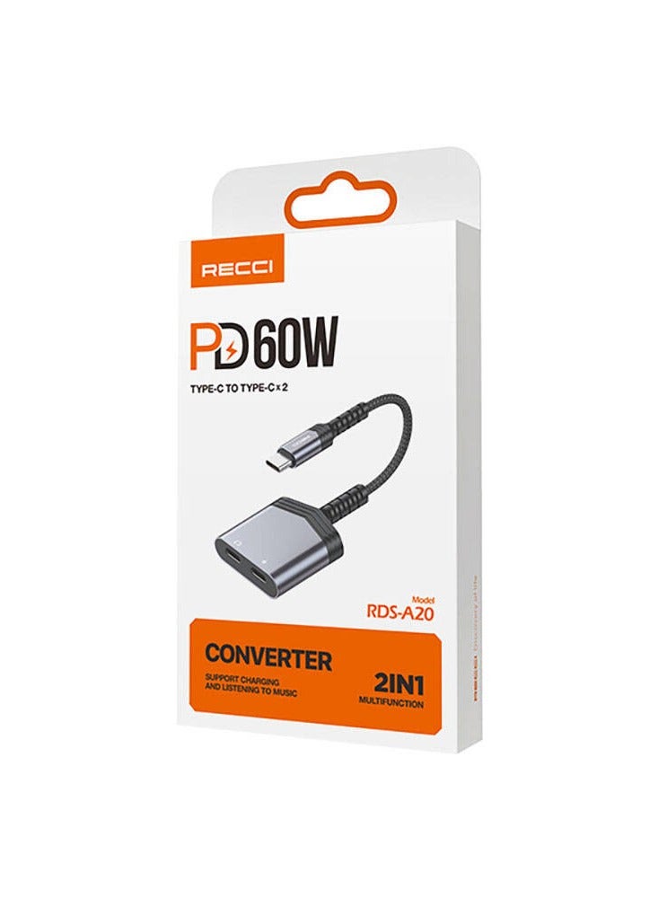 Recci Dual Type-C Smart Charging and Audio Adapter with 60W Charging Power and Headphone Jack - Image 5