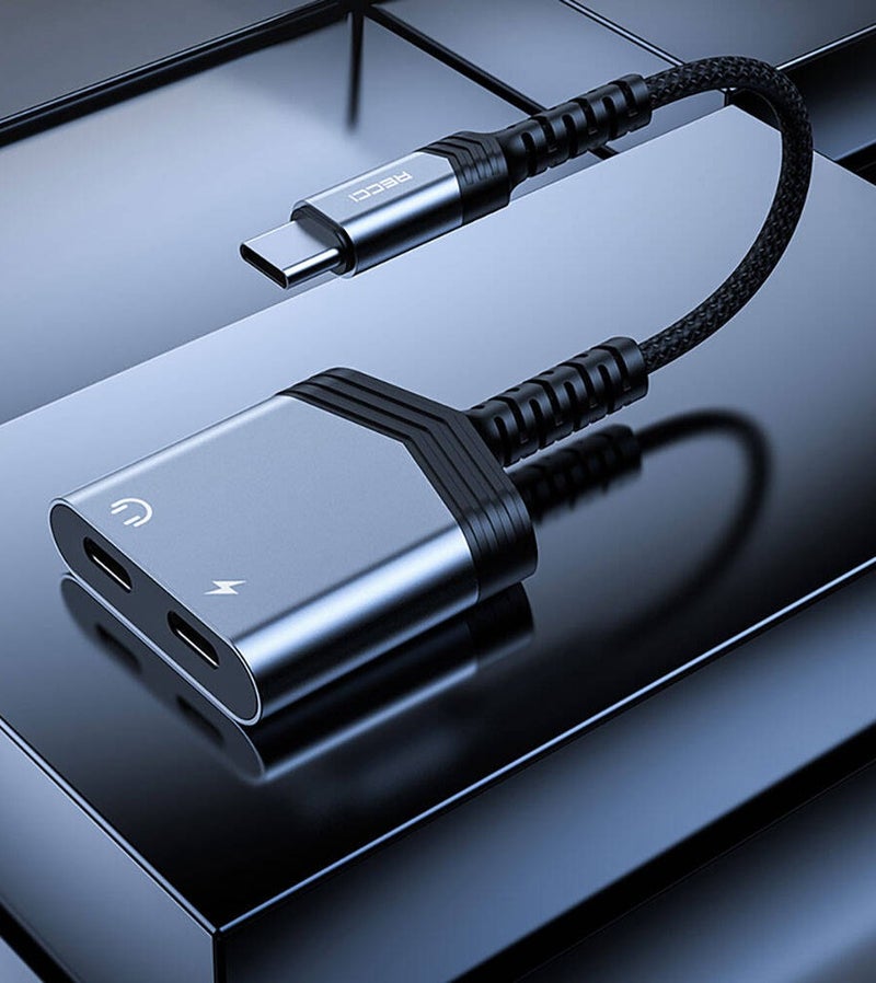Recci Dual Type-C Smart Charging and Audio Adapter with 60W Charging Power and Headphone Jack - Image 2
