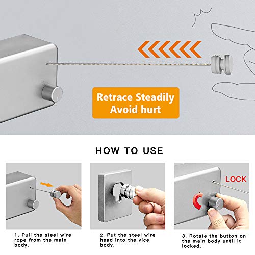 BESy Retractable Clothesline ABS case+Aluminum Dryer with Adjustable Stainless Steel Double Rope String Hotel Style Heavy Duty,Wall Mounted Method, 13.8 Feets,Silver - Image 3