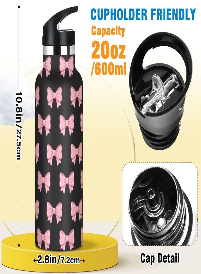 ATTX Pink Black Bows Water Bottle with Straw Lid, 20oz Stainless Steel Cup Insulated Tumbler for Travel, Outdoors - Image 2