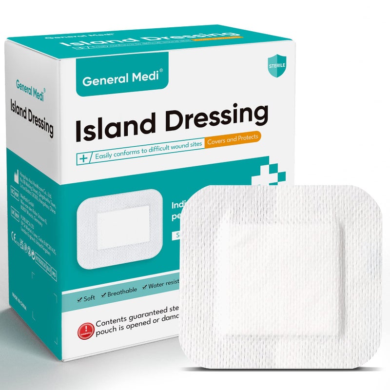 General Medi Sterile Island Dressing Bordered Gauze 50 Count 4 x 4 Gauze Pads Wound Care Pad with Adhesive Border Sterile Soft Highly Absorbent Medical Grade Dressing Pad