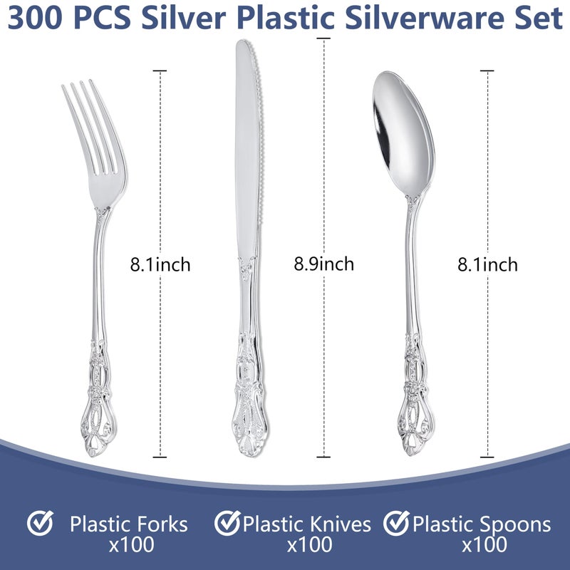 Joyido 300Pieces Silver Plastic Silverware - Heavy Duty Silver Disposable Utensils - Vintage Plastic Cutlery Set Includes 100 Forks  100 Spoons  100 Knives for Dinner Parties Weddings - Image 1