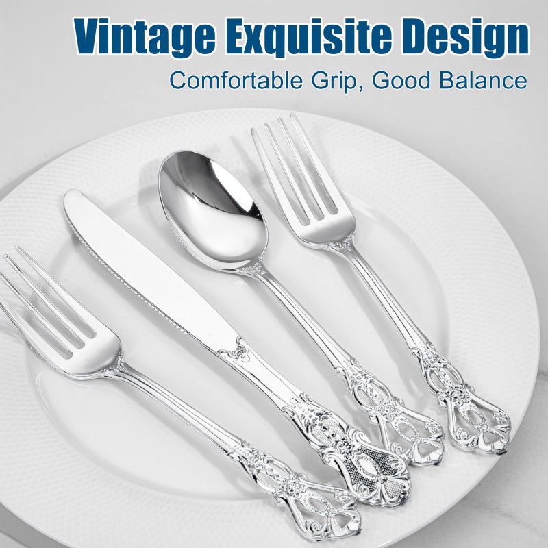 Joyido 300Pieces Silver Plastic Silverware - Heavy Duty Silver Disposable Utensils - Vintage Plastic Cutlery Set Includes 100 Forks  100 Spoons  100 Knives for Dinner Parties Weddings - Image 3
