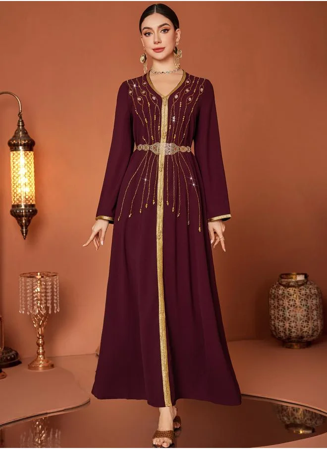 تايك تو Take Two Beaded Embroidered Belted Lace Insert Jalabiya