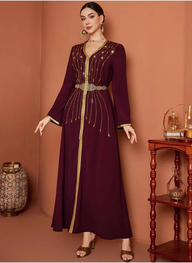 تايك تو Take Two Beaded Embroidered Belted Lace Insert Jalabiya