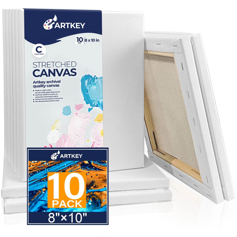 Artkey Canvases for Painting 8 x 10 Inch 10  Pack 58 Profile Stretched Canvas  10 oz Primed 100 Cotton White Blank Canvas  Art Paint Canvases for Acrylic Oil Paint