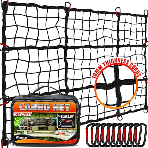 PAMAZY [Premium] 5'x7' Heavy Duty Cargo Net Stretches to 10' x 14', Extra Thick 10mm Cord Bungee Cargo Netting for Pickup Truck Bed, Roof Rack Net & 12 PCS Steel Carabiners - Image 1