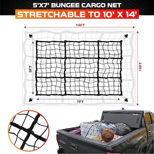 PAMAZY [Premium] 5'x7' Heavy Duty Cargo Net Stretches to 10' x 14', Extra Thick 10mm Cord Bungee Cargo Netting for Pickup Truck Bed, Roof Rack Net & 12 PCS Steel Carabiners - Image 2