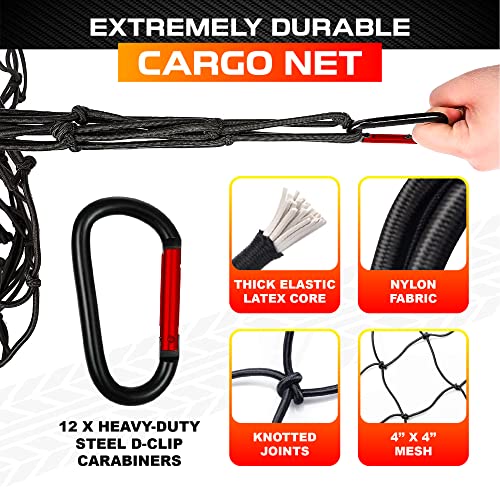 PAMAZY [Premium] 5'x7' Heavy Duty Cargo Net Stretches to 10' x 14', Extra Thick 10mm Cord Bungee Cargo Netting for Pickup Truck Bed, Roof Rack Net & 12 PCS Steel Carabiners - Image 4