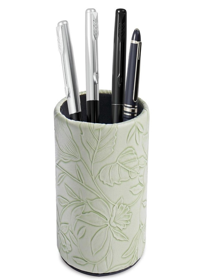 Haecsfl PU Leather Pen Holder Round Flash Makeup Brush Holder Desktop Pencil Storage Holder Gift for Desk Office Classroom Home(1-Carved Green) - Image 1