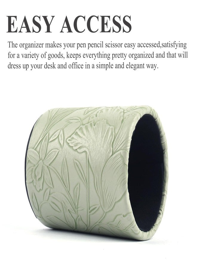 Haecsfl PU Leather Pen Holder Round Flash Makeup Brush Holder Desktop Pencil Storage Holder Gift for Desk Office Classroom Home(1-Carved Green) - Image 2