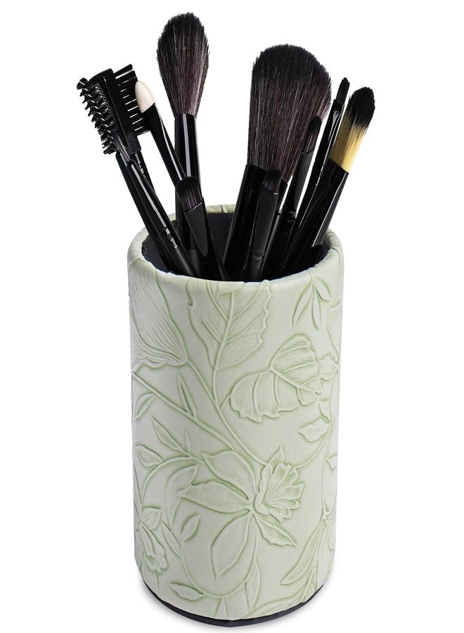 Haecsfl PU Leather Pen Holder Round Flash Makeup Brush Holder Desktop Pencil Storage Holder Gift for Desk Office Classroom Home(1-Carved Green) - Image 3