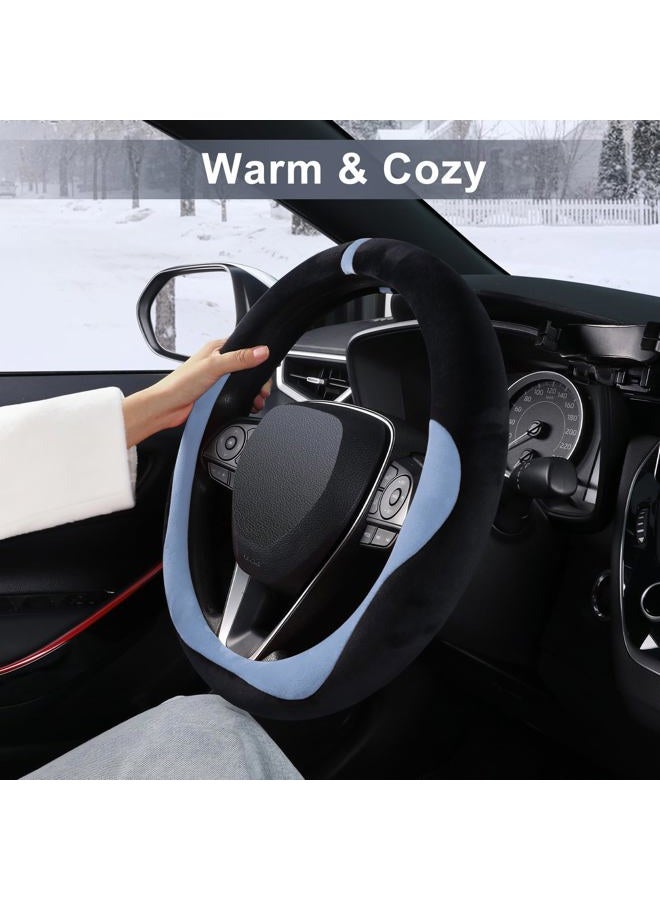 Cofit Furry Car Steering Wheel Cover, Universal Winter Steering Wheel Cover, Non-Slip Steering Wheel Cover with Central Marking Car Accessories, M 37-38 cm, Black and Blue - Image 2