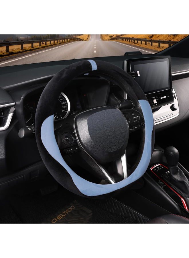 Cofit Furry Car Steering Wheel Cover, Universal Winter Steering Wheel Cover, Non-Slip Steering Wheel Cover with Central Marking Car Accessories, M 37-38 cm, Black and Blue - Image 1