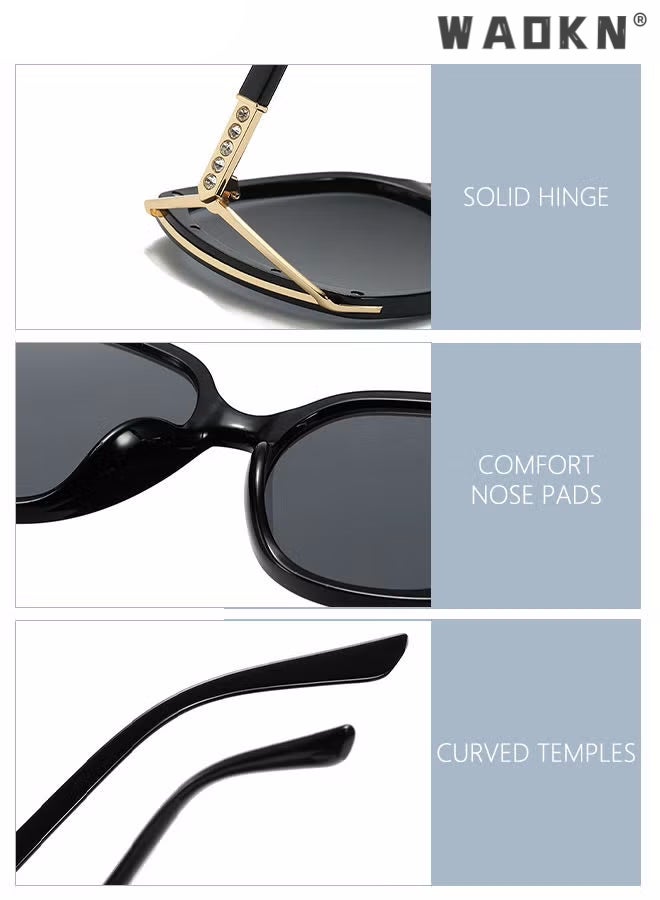WAOKN Women's Square Sunglasses, UV400 Protection Sun Glasses with Rhinestone-Encrusted Frame, Oversize Fashion Anti-glare Sun Shades for Women with Glasses Case （Black） - Image 2
