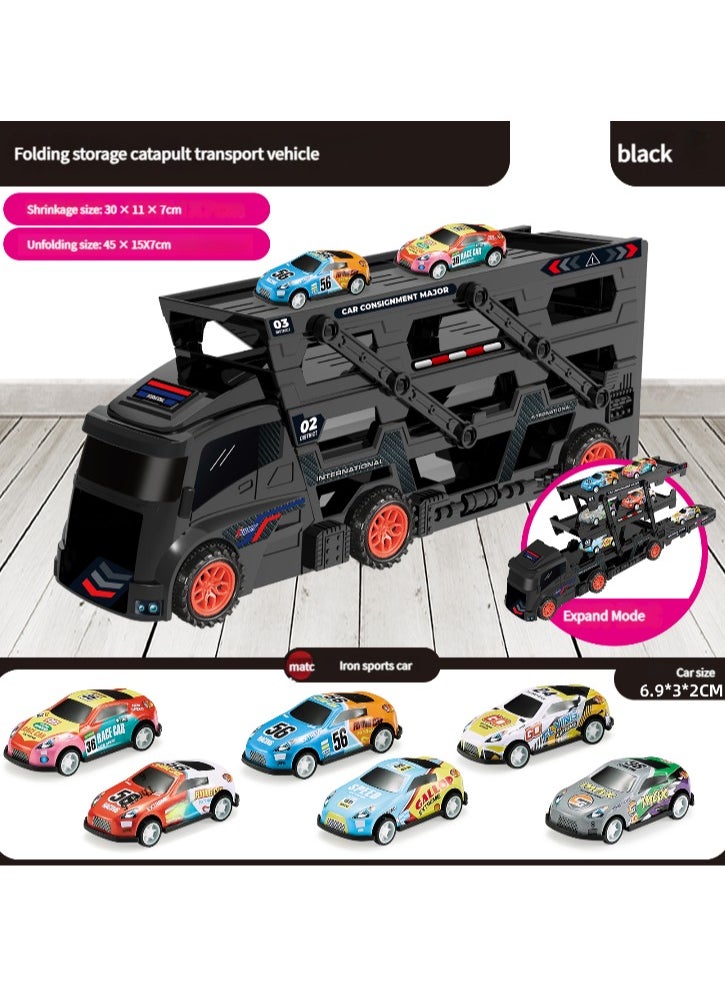 JoyousSto Transporter Car Playset, Catapult Track Truck with 6 Metal Racing Cars Foldable 4 Tier Storage Car Car Rack ，Expanded 45 cm Race Track for Kids Gifts for Ages 3 and Up, Birthday Gift (Black)  - Image 2