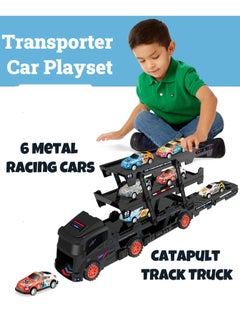 JoyousSto Transporter Car Playset, Catapult Track Truck with 6 Metal Racing Cars Foldable 4 Tier Storage Car Car Rack ，Expanded 45 cm Race Track for Kids Gifts for Ages 3 and Up, Birthday Gift (Black)  - Image 1