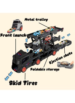 JoyousSto Transporter Car Playset, Catapult Track Truck with 6 Metal Racing Cars Foldable 4 Tier Storage Car Car Rack ，Expanded 45 cm Race Track for Kids Gifts for Ages 3 and Up, Birthday Gift (Black)  - Image 4