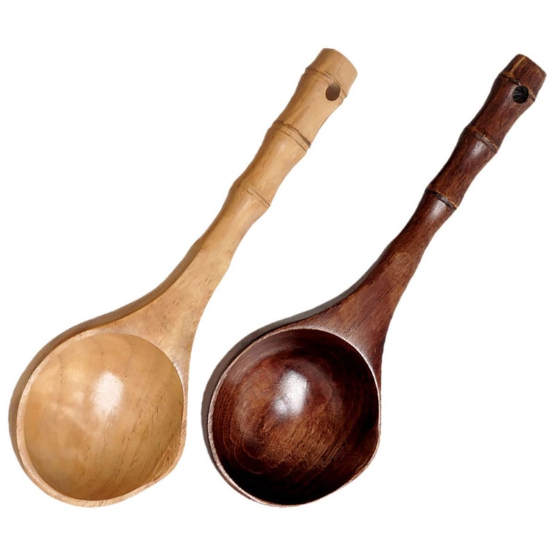 Natural Wooden Water Ladle Long Handle Deep Soup Spoon for Kitchen Cooking and Bathing 2 Pieces - Image 2