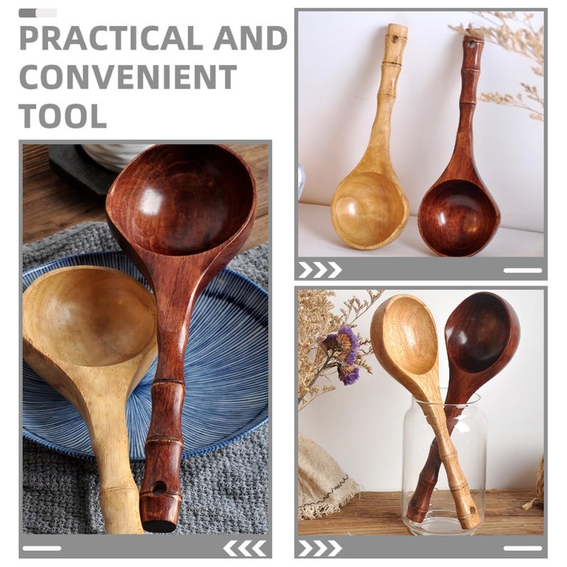 Natural Wooden Water Ladle Long Handle Deep Soup Spoon for Kitchen Cooking and Bathing 2 Pieces - Image 4