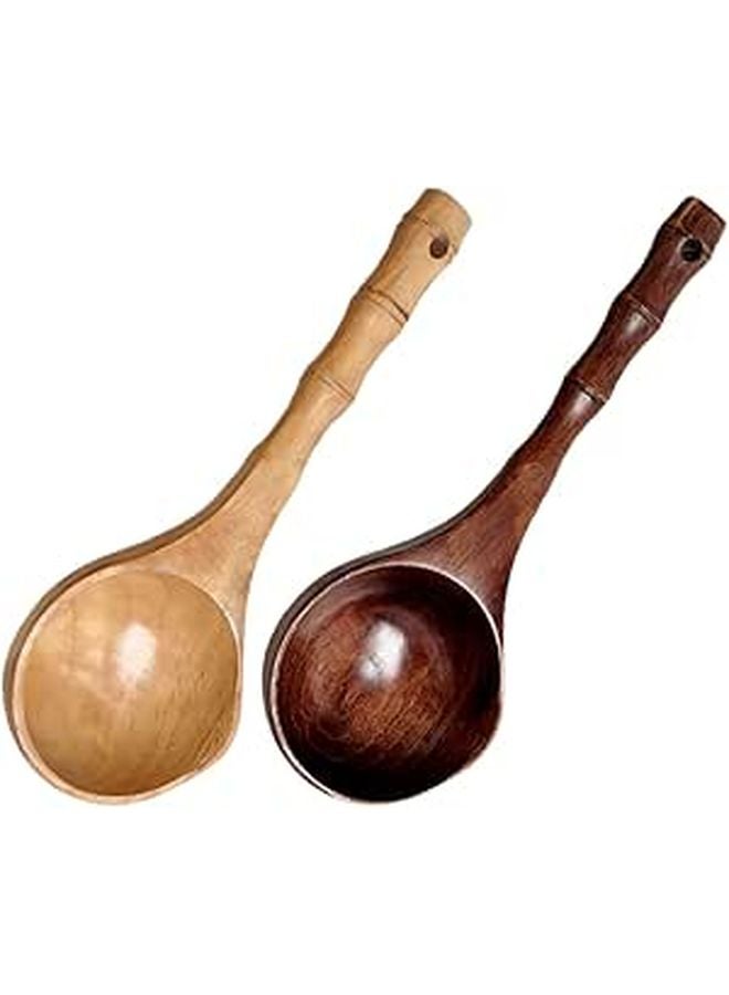 Natural Wooden Water Ladle Long Handle Deep Soup Spoon for Kitchen Cooking and Bathing 2 Pieces - Image 1