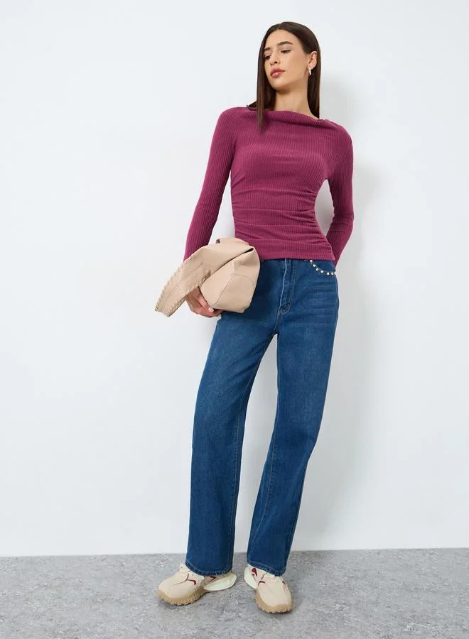 Take Two Burgundy Draped Neck Ribbed Top