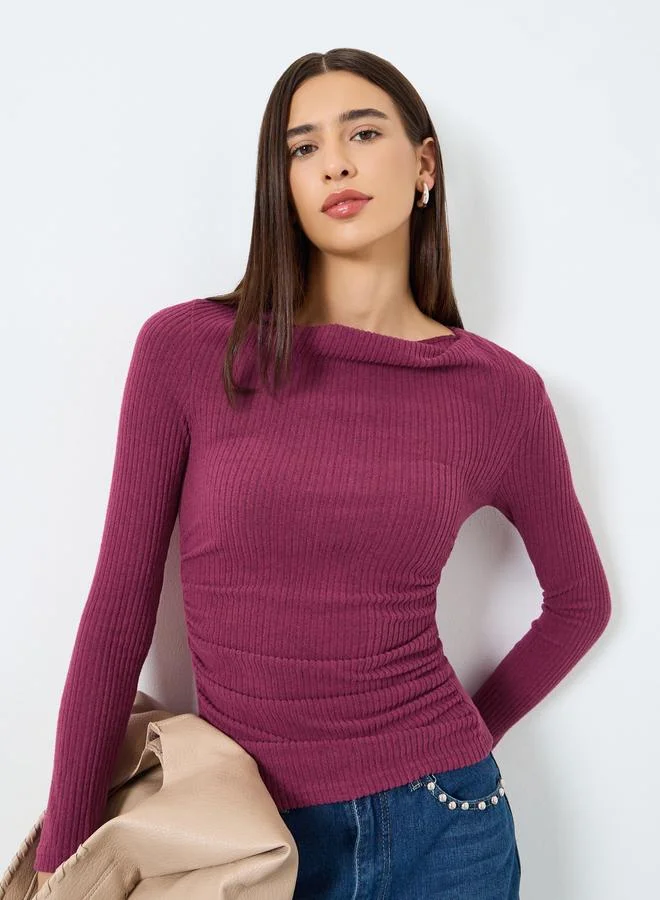 Take Two Burgundy Draped Neck Ribbed Top