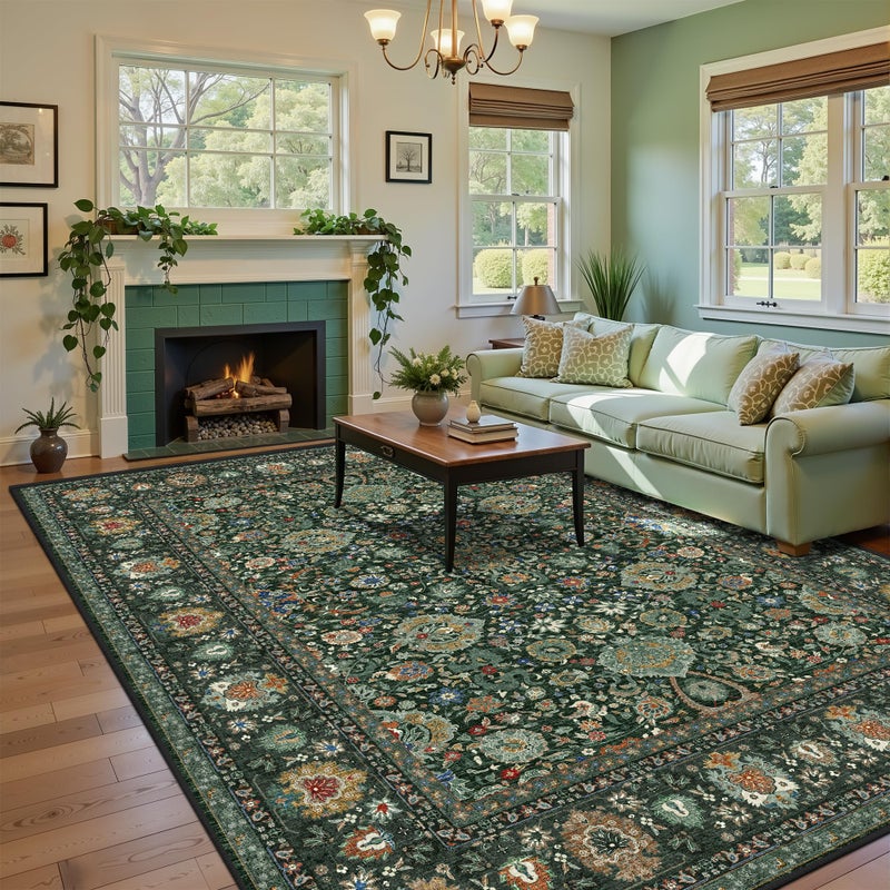 Deerly 8x10 Vintage Rugs for Living Room, Washable Non Slip Large Area Rug for Bedroom Dining Room Office, Floor Decoration Big Carpet Low-Pile Kid & Pet Friendly Forest Green - Image 1