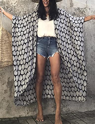 Bsubseach Black Leaf Loose Bathing Suit Cover Up Sexy Kimono 3/4 Sleeve Summer Cardigans for Women - Image 2