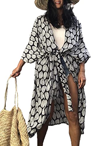Bsubseach Black Leaf Loose Bathing Suit Cover Up Sexy Kimono 3/4 Sleeve Summer Cardigans for Women - Image 1