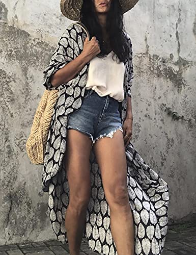 Bsubseach Black Leaf Loose Bathing Suit Cover Up Sexy Kimono 3/4 Sleeve Summer Cardigans for Women - Image 4