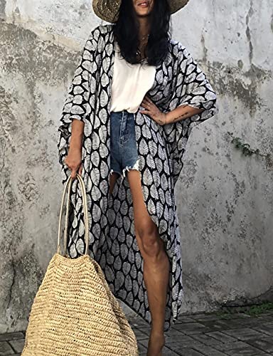 Bsubseach Black Leaf Loose Bathing Suit Cover Up Sexy Kimono 3/4 Sleeve Summer Cardigans for Women - Image 3
