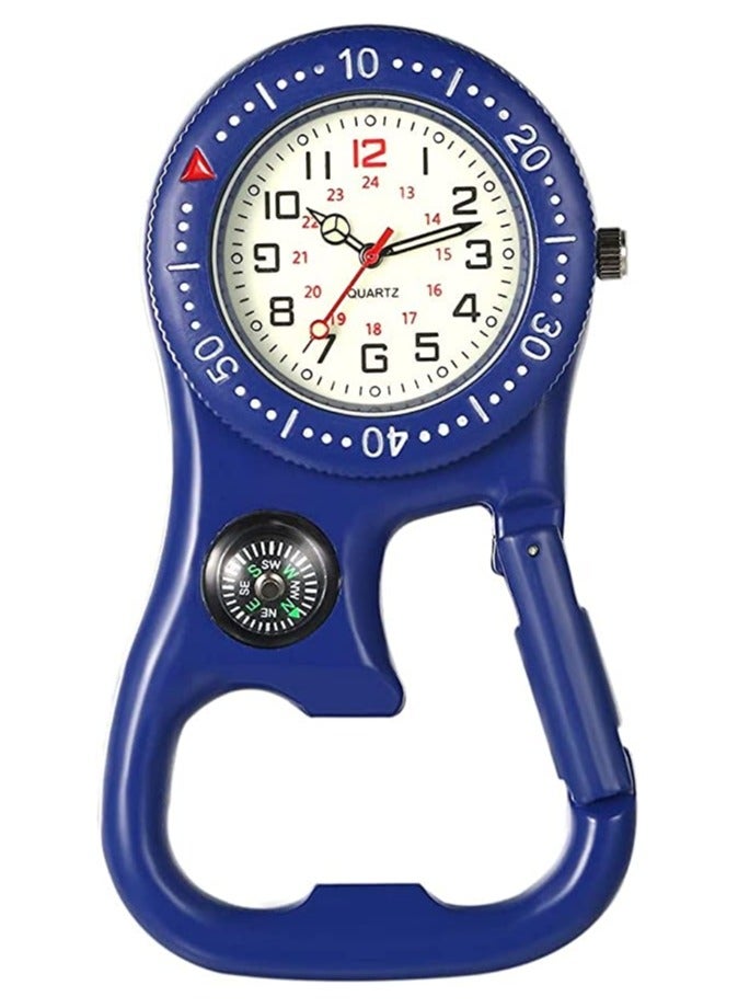 Carabiner Clip Watch, Waterproof Backpack Belt Pocket Watch with Compass Luminous Dial, Dual Time Zone, With Bottle Opener Function, for Hiking or Climbing, Doctors Nurses Chefs Mini Pocket Watch