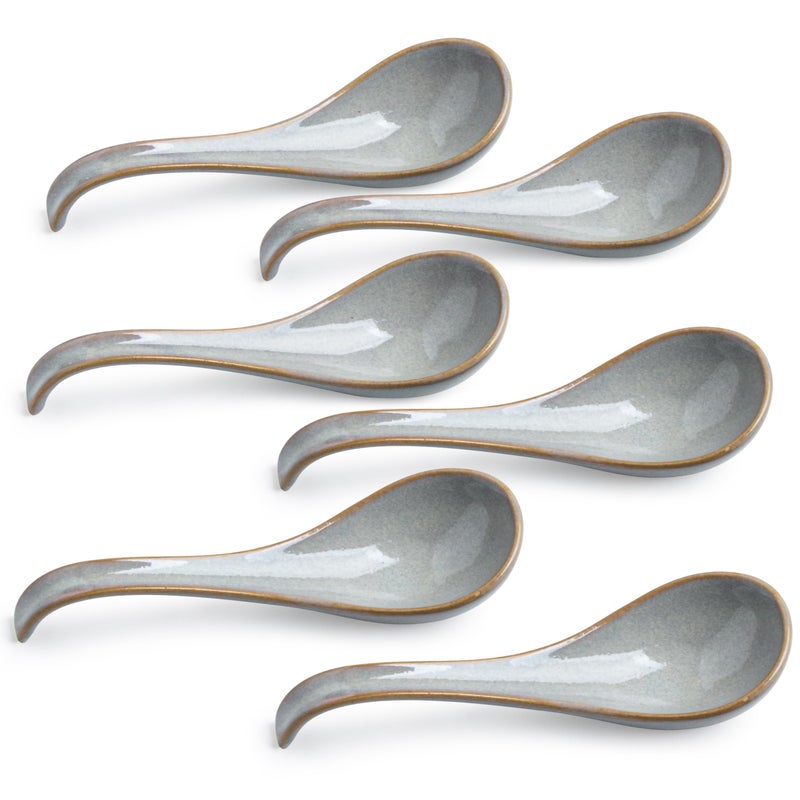 LYEOBOH Ceramic Asian Soup Spoons Set of 6 with Long Handle for Kitchen, Restaurant, Japanese Ramen Spoons with Deep Hook Design, Dishwasher & Microwave Safe, Gray - Image 1