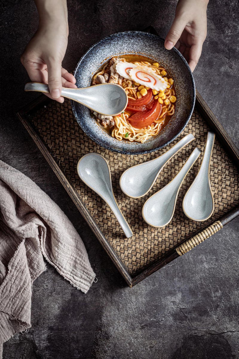 LYEOBOH Ceramic Asian Soup Spoons Set of 6 with Long Handle for Kitchen, Restaurant, Japanese Ramen Spoons with Deep Hook Design, Dishwasher & Microwave Safe, Gray - Image 4